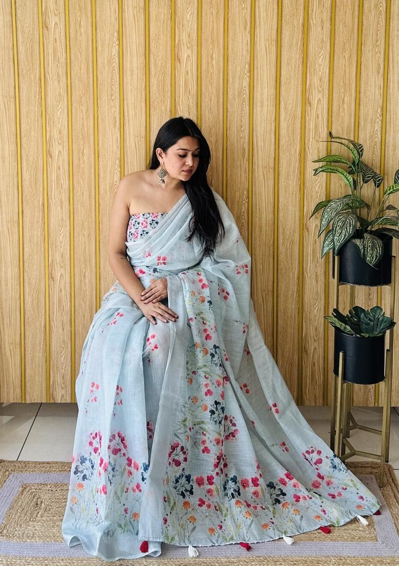 Light Blue Printed Linen Saree Set