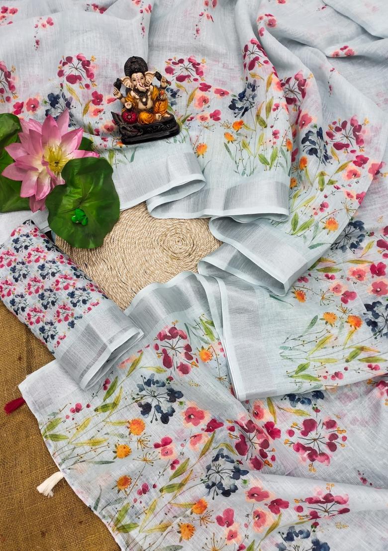 Light Blue Printed Linen Saree Set