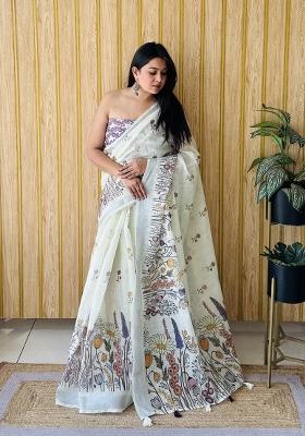 White Printed Linen Saree Set