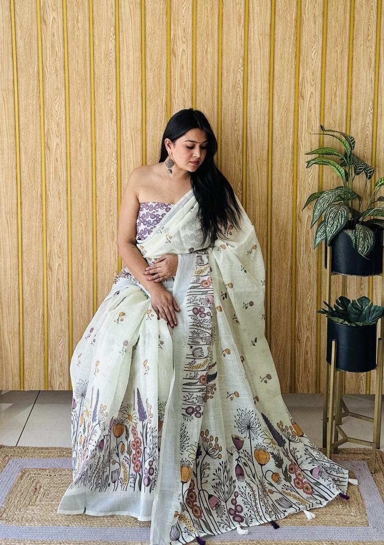 White Printed Linen Saree Set