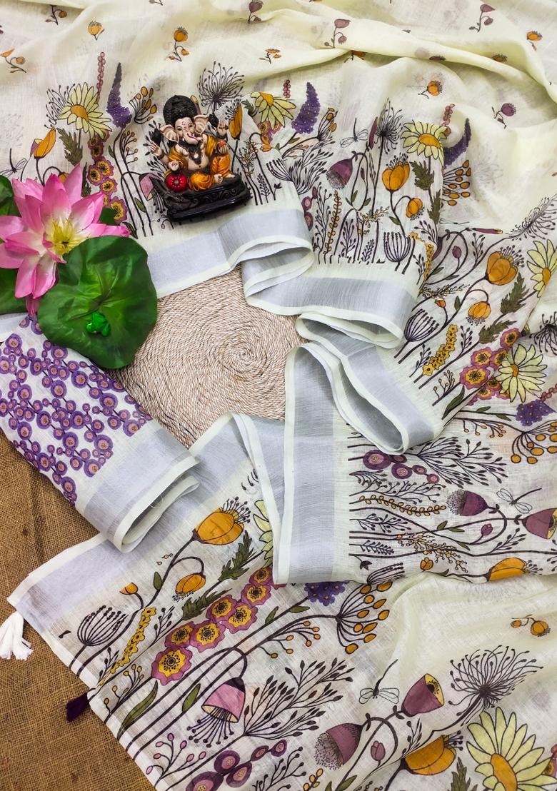 White Printed Linen Saree Set