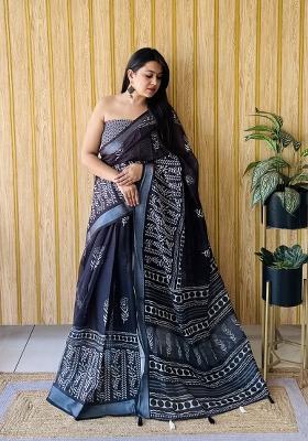 Black Printed Linen Saree Set