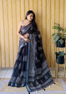 Black Printed Linen Saree Set