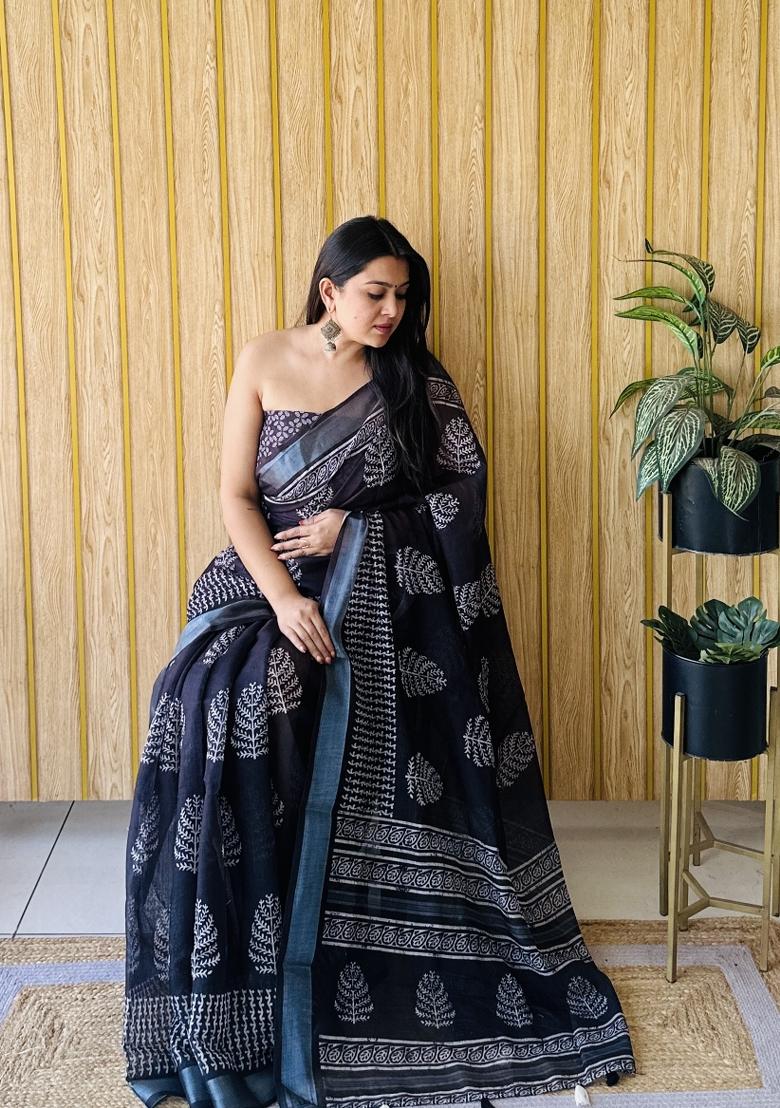 Black Printed Linen Saree Set