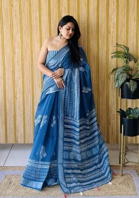 Blue Printed Linen Saree Set