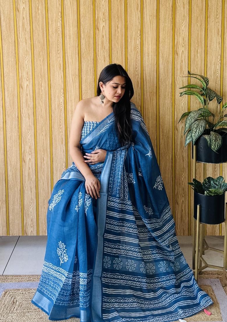Blue Printed Linen Saree Set