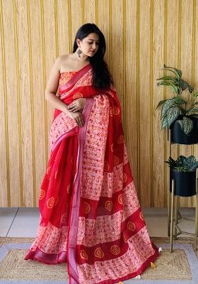Dark Red Printed Linen Saree Set
