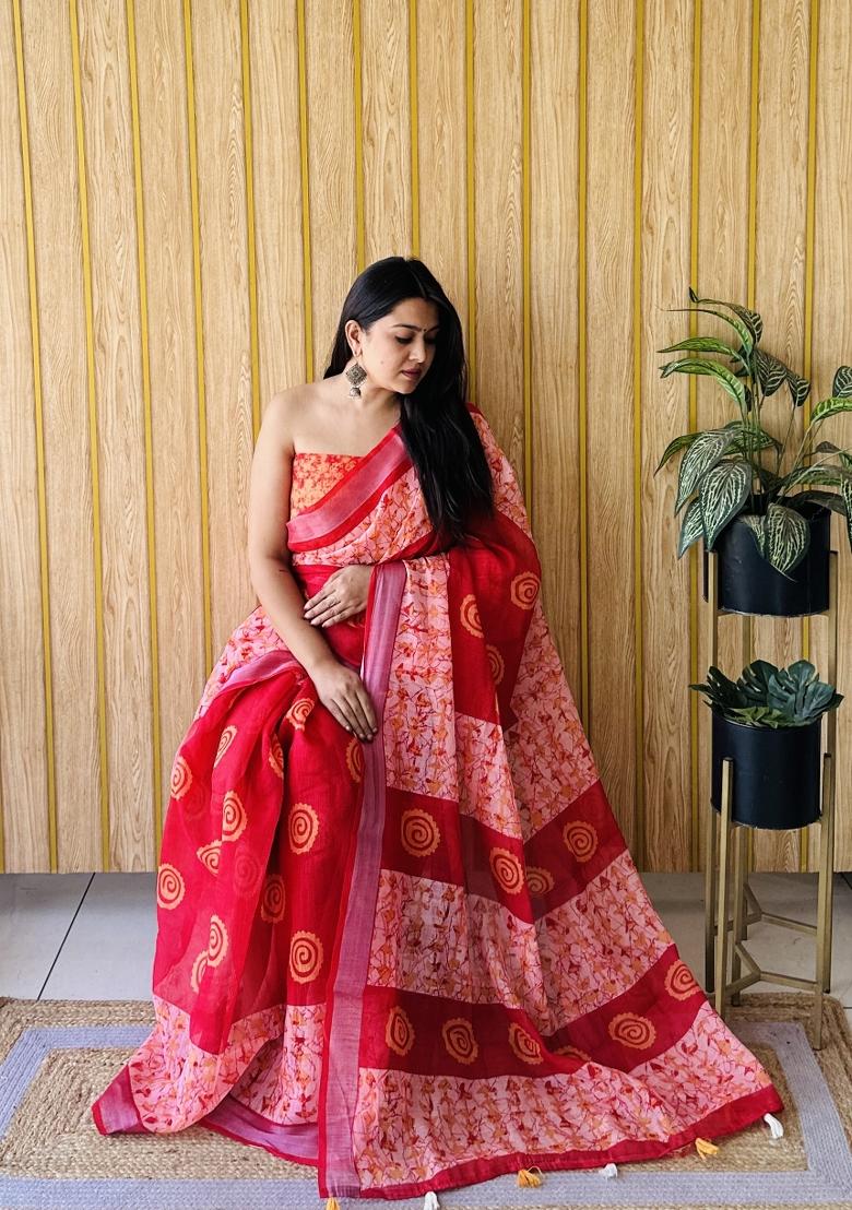 Dark Red Printed Linen Saree Set