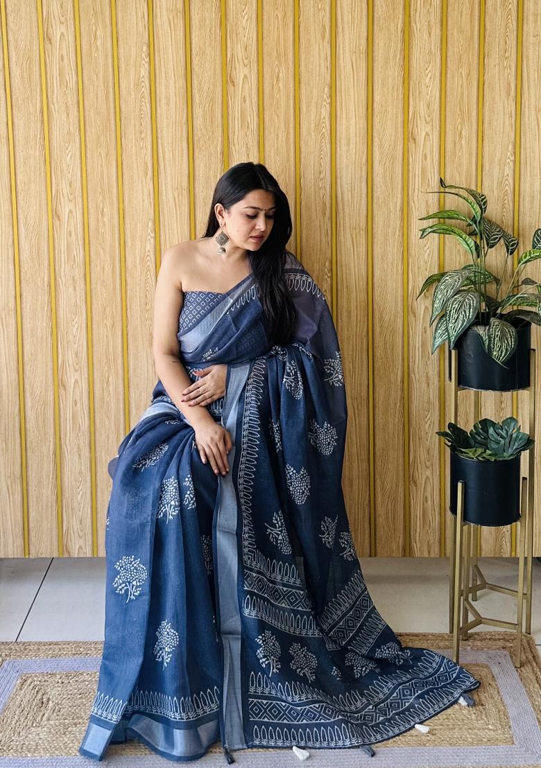 Grey Printed Linen Saree Set