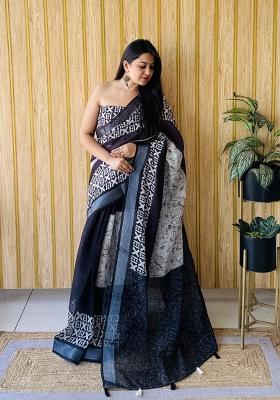Navy Blue Printed Linen Saree Set