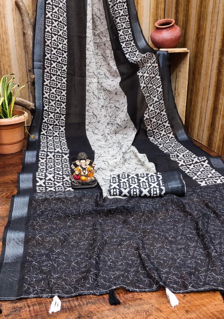 Navy Blue Printed Linen Saree Set