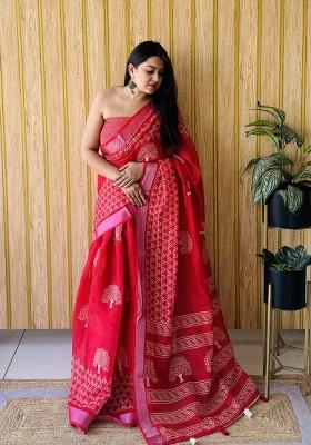 Red Printed Linen Saree Set