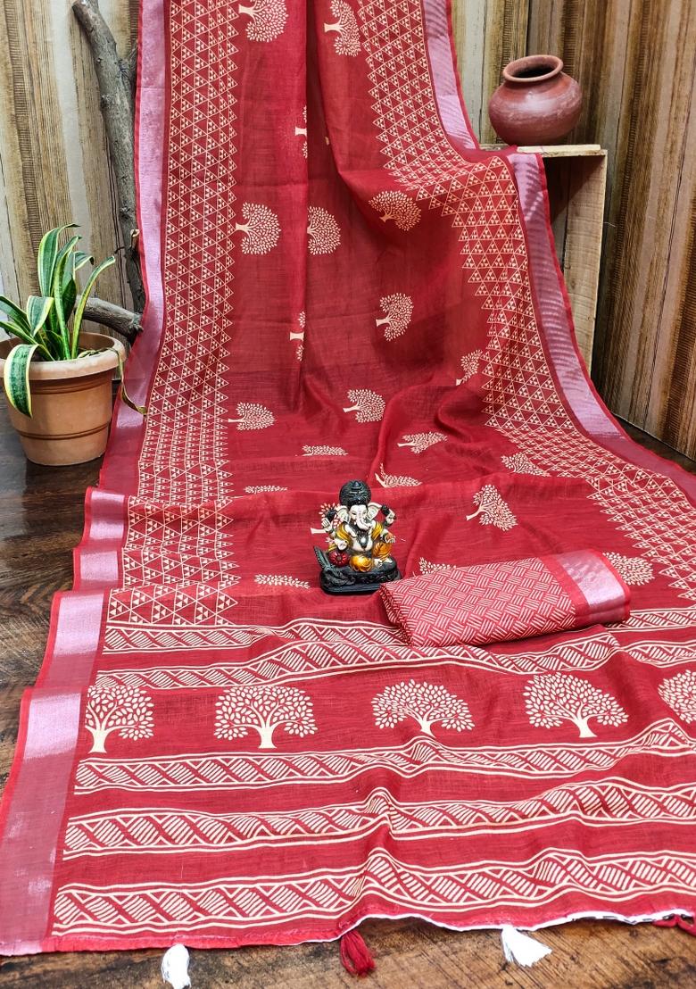 Red Printed Linen Saree Set