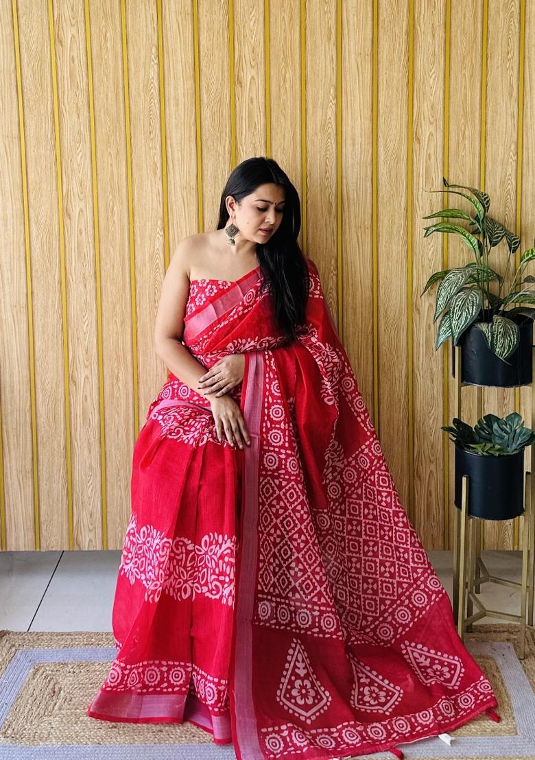 Red Printed Linen Saree Set