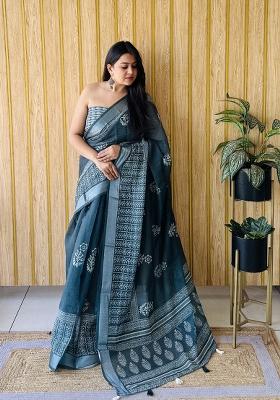 Teal Blue Printed Linen Saree Set