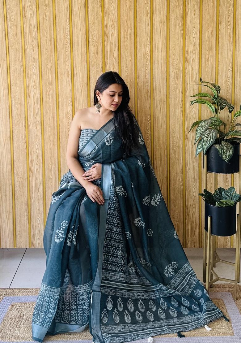 Teal Blue Printed Linen Saree Set