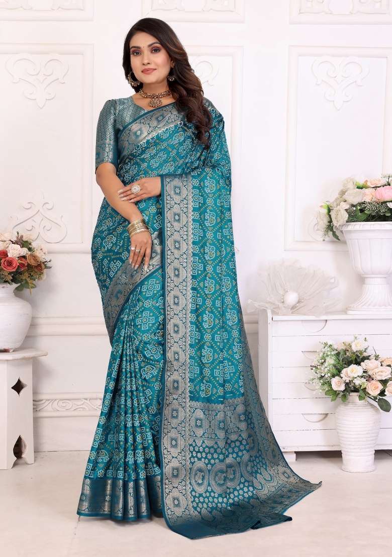 Blue Woven Satin Saree Set for Diwali | Wedding & Festive Wear - Indya