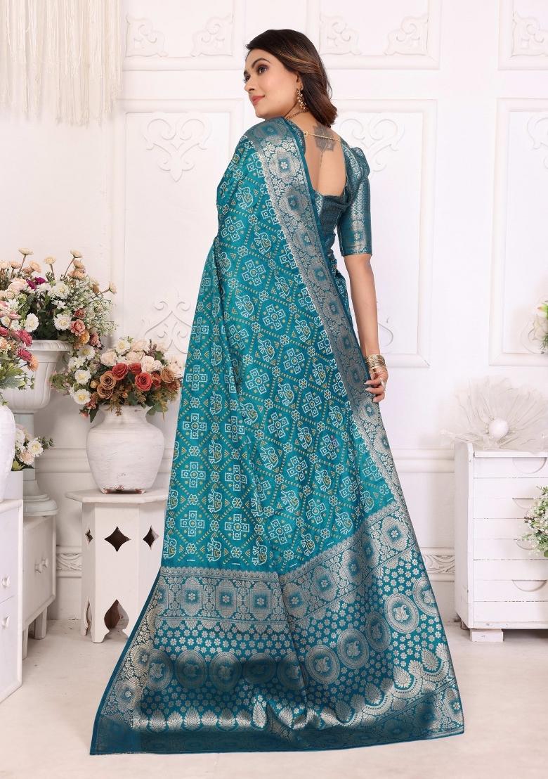 Blue Woven Satin Saree Set