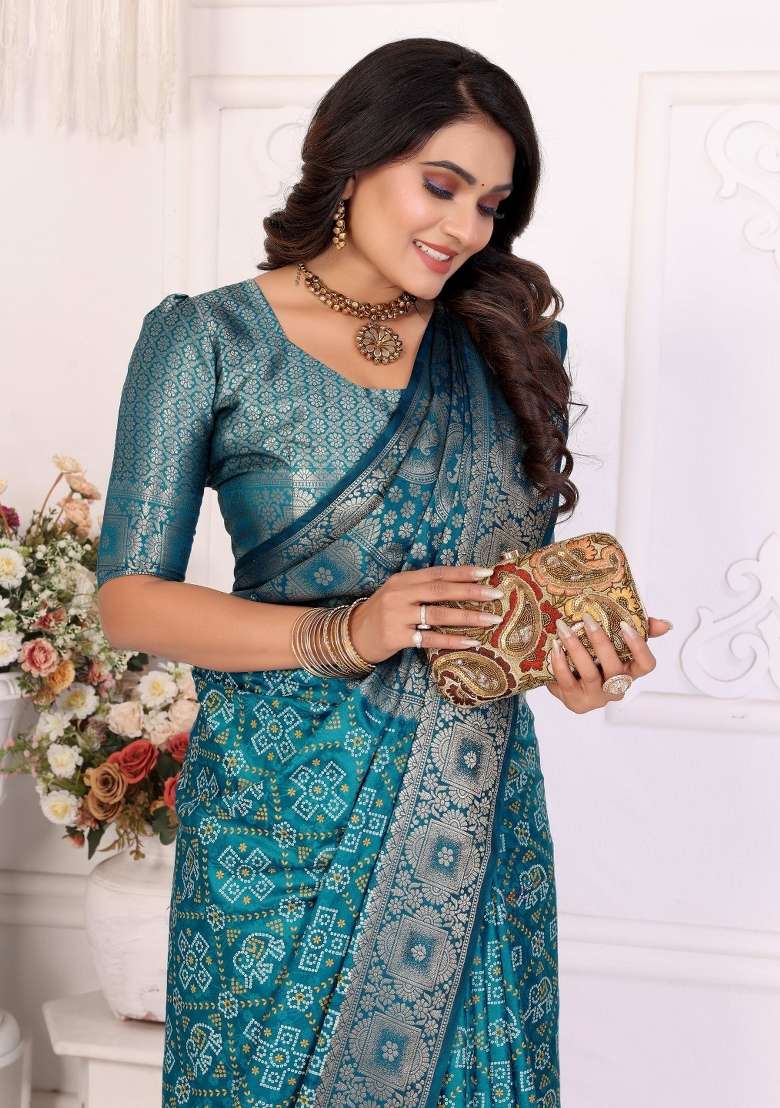 Blue Woven Satin Saree Set for Diwali | Wedding & Festive Wear - Indya