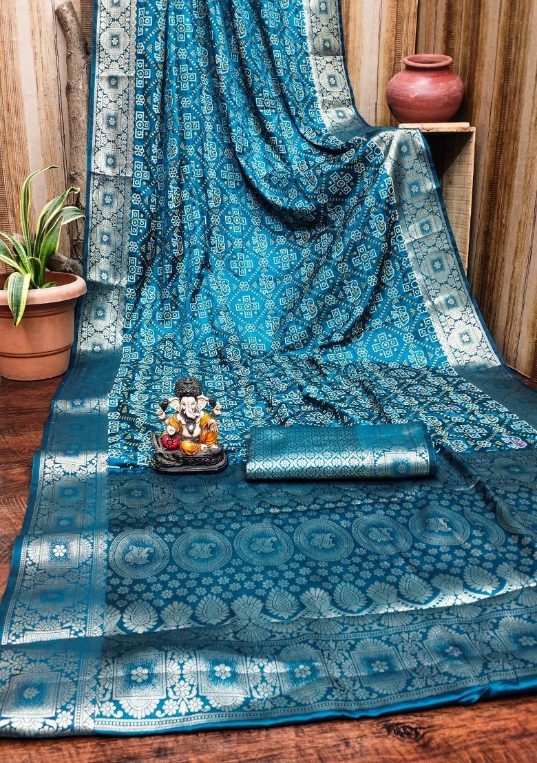 Blue Woven Satin Saree Set