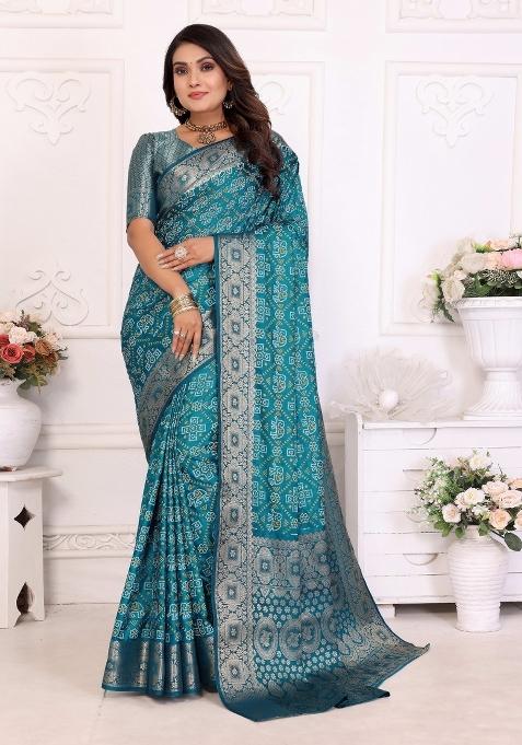 Blue Woven Satin Saree Set