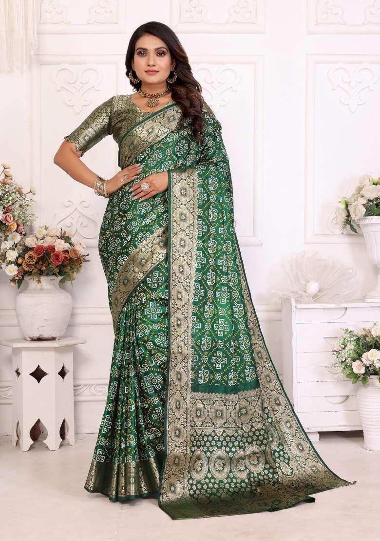 Dark Green Woven Satin Saree Set for Diwali and Festive Wear - Indya