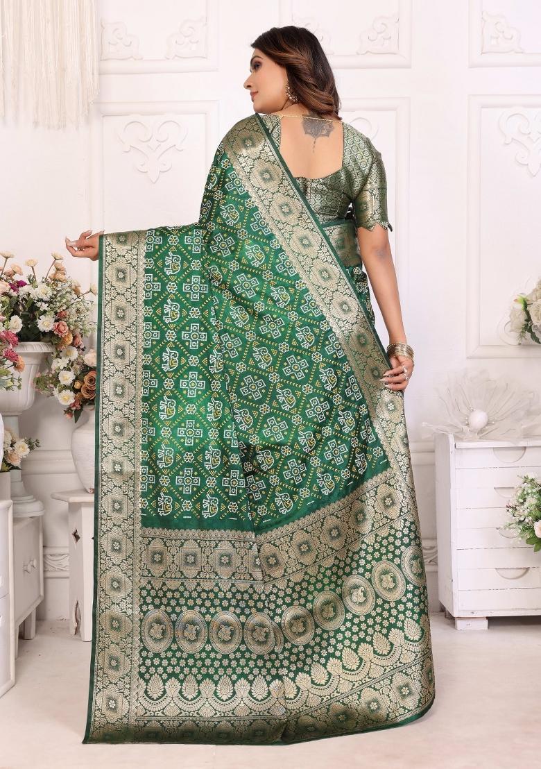 Dark Green Woven Satin Saree Set