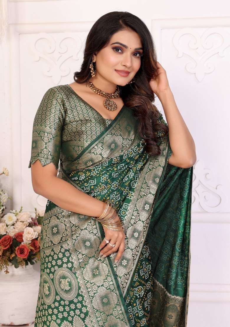 Dark Green Woven Satin Saree Set for Diwali and Festive Wear - Indya