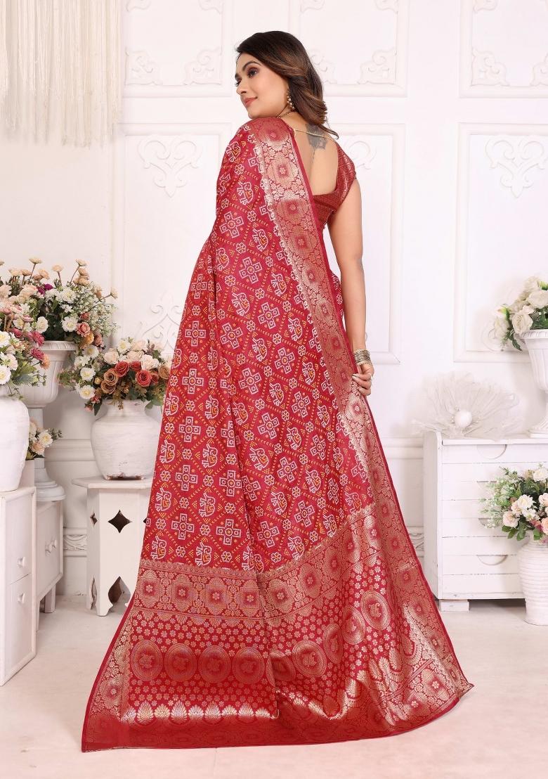 Dark Red Woven Satin Saree Set