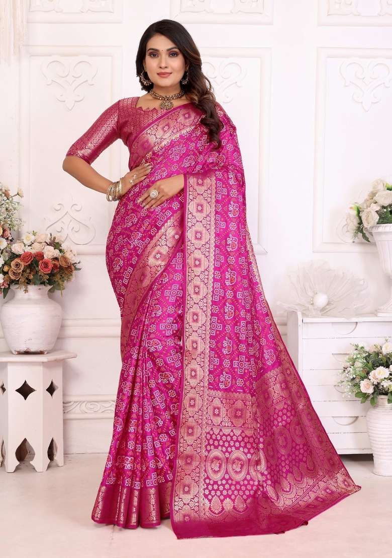 Pink Woven Satin Saree Set for Diwali | Wedding & Festive Wear - Indya