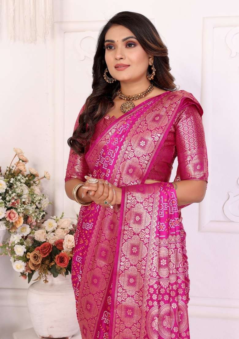 Pink Woven Satin Saree Set for Diwali | Wedding & Festive Wear - Indya