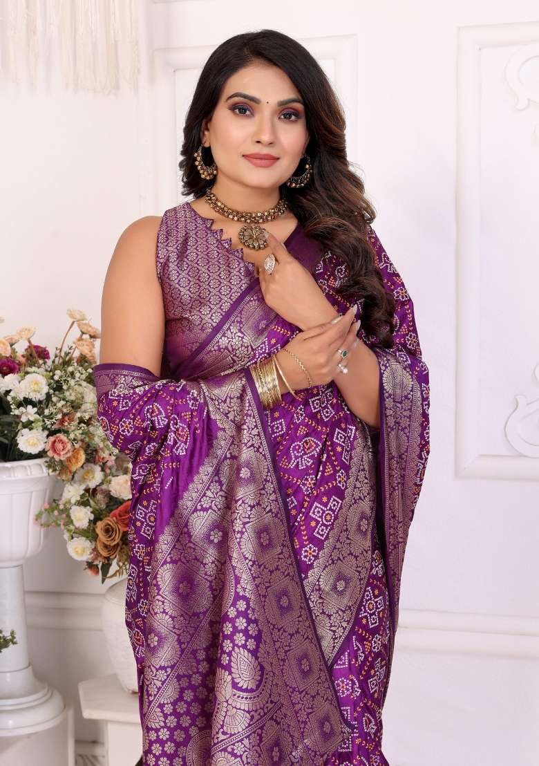 Purple Woven Satin Saree Set for Diwali | Wedding & Festive Wear - Indya