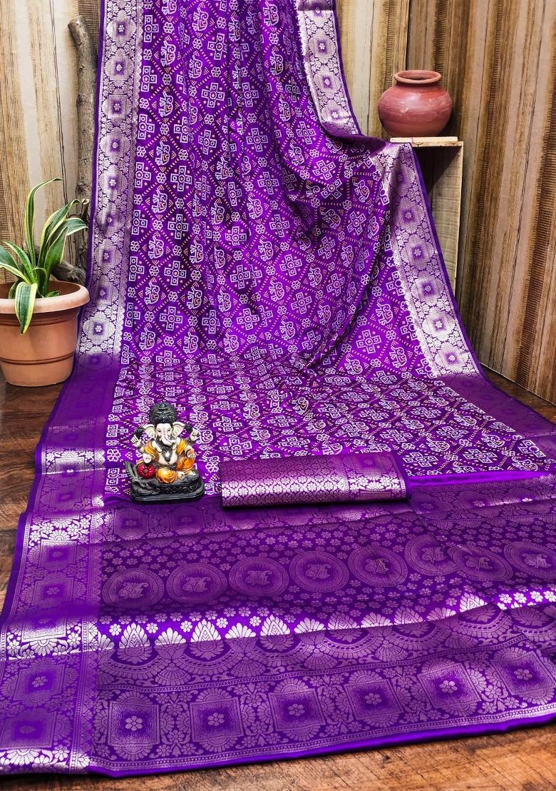 Purple Woven Satin Saree Set