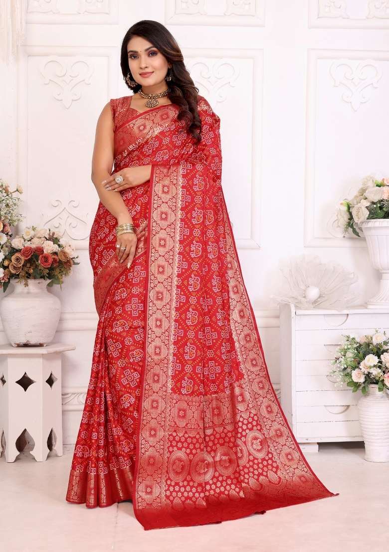 Red Woven Satin Saree Set for Diwali | Wedding & Festive Wear - Indya