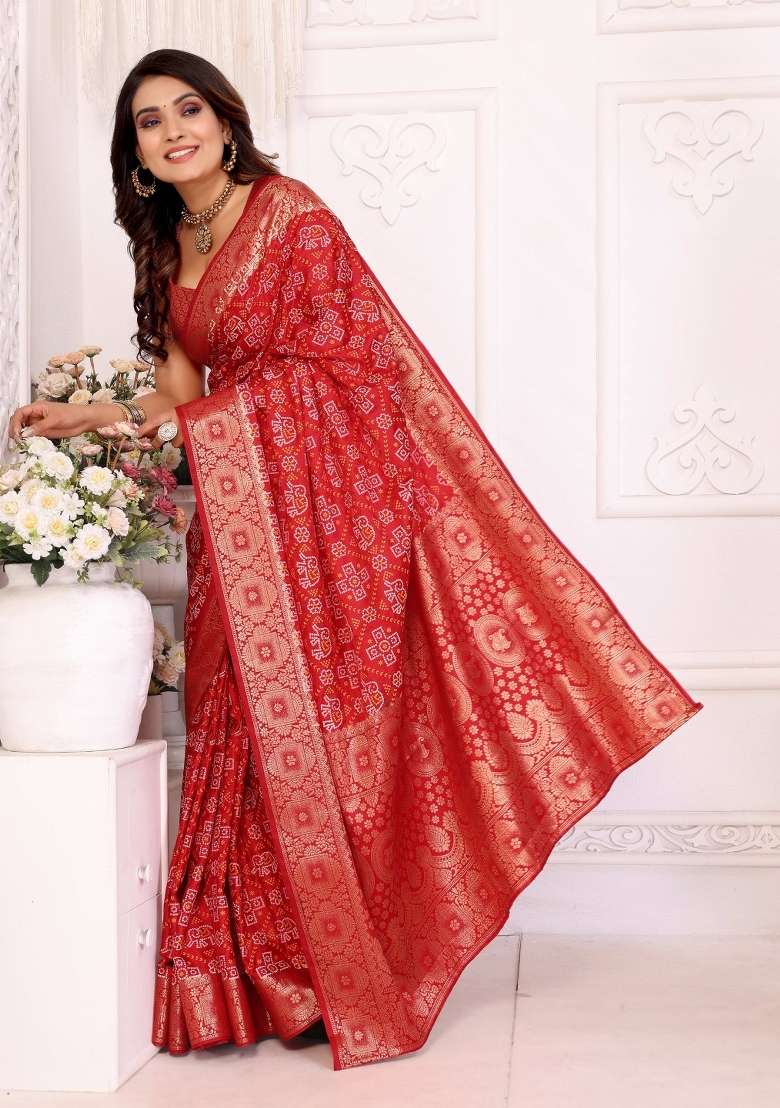 Red Woven Satin Saree Set for Diwali | Wedding & Festive Wear - Indya