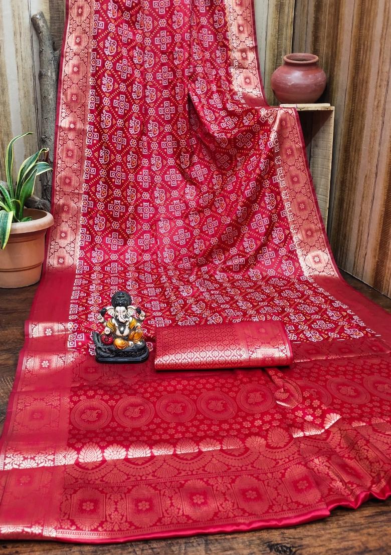 Red Woven Satin Saree Set