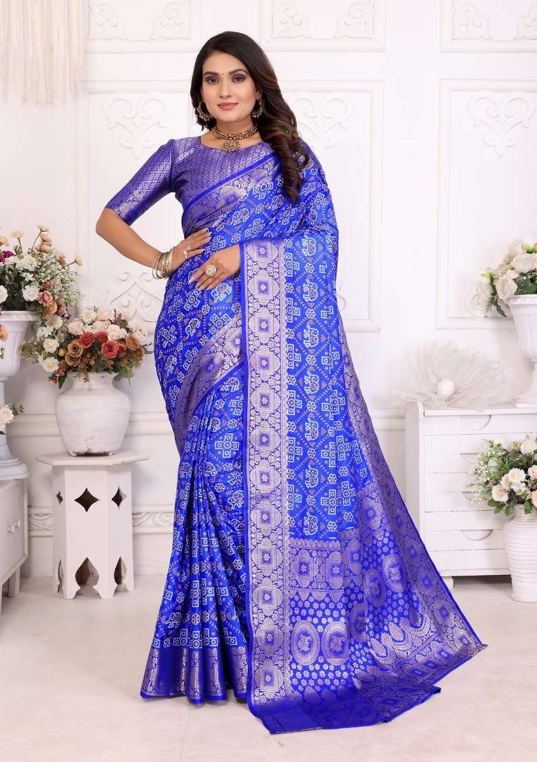 Blue Woven Satin Saree Set for Diwali | Wedding & Festive Wear - Indya