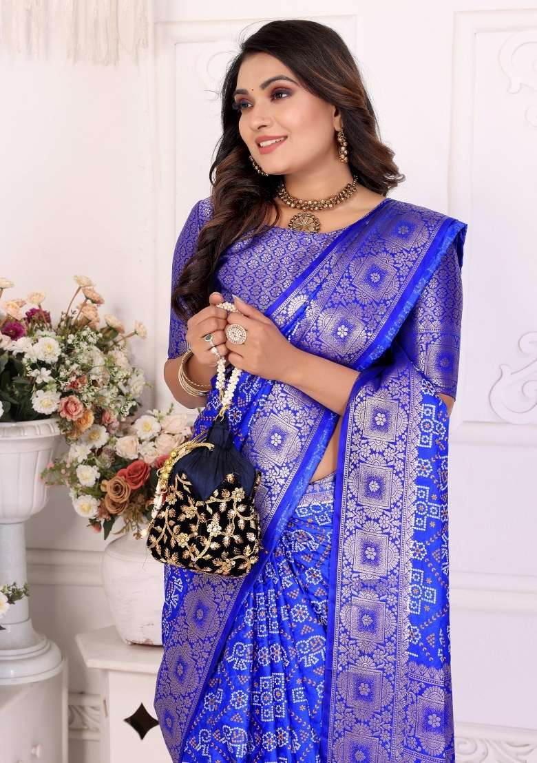 Blue Woven Satin Saree Set for Diwali | Wedding & Festive Wear - Indya