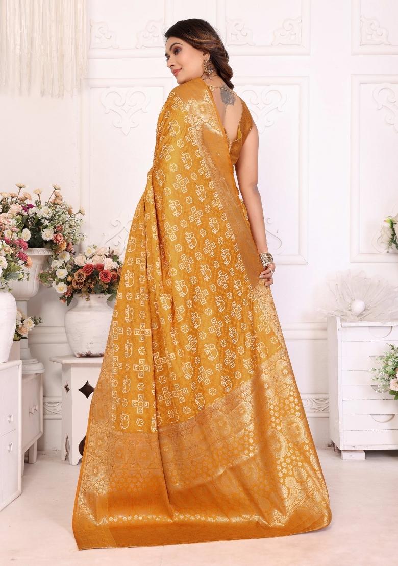 Yellow Woven Satin Saree Set