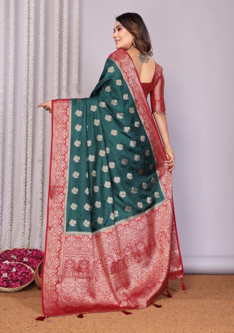 Dark Green Printed Satin Saree Set