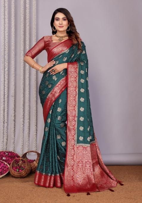 Dark Green Printed Satin Saree Set