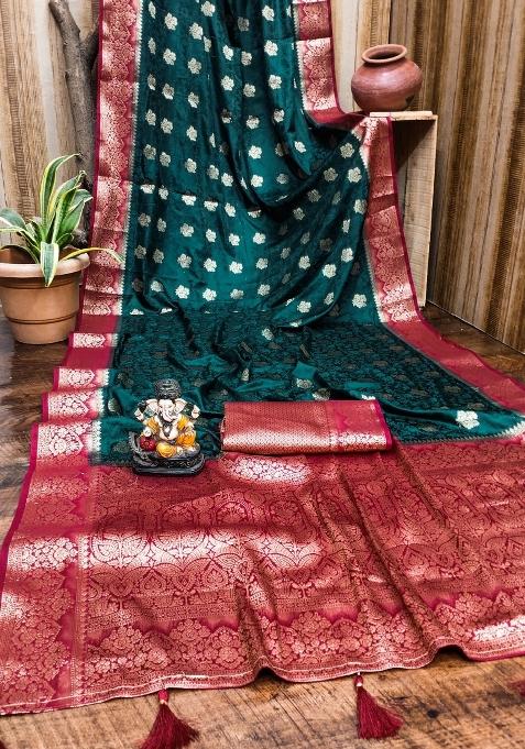 Dark Green Printed Satin Saree Set