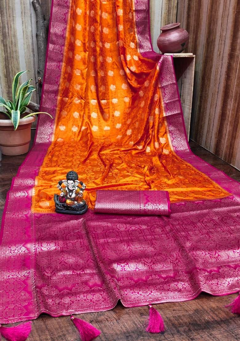 Orange Satin Saree Set with Printed for Diwali | Wedding & Festive Wear - Indya