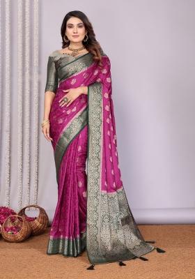 Purple Printed Satin Saree Set