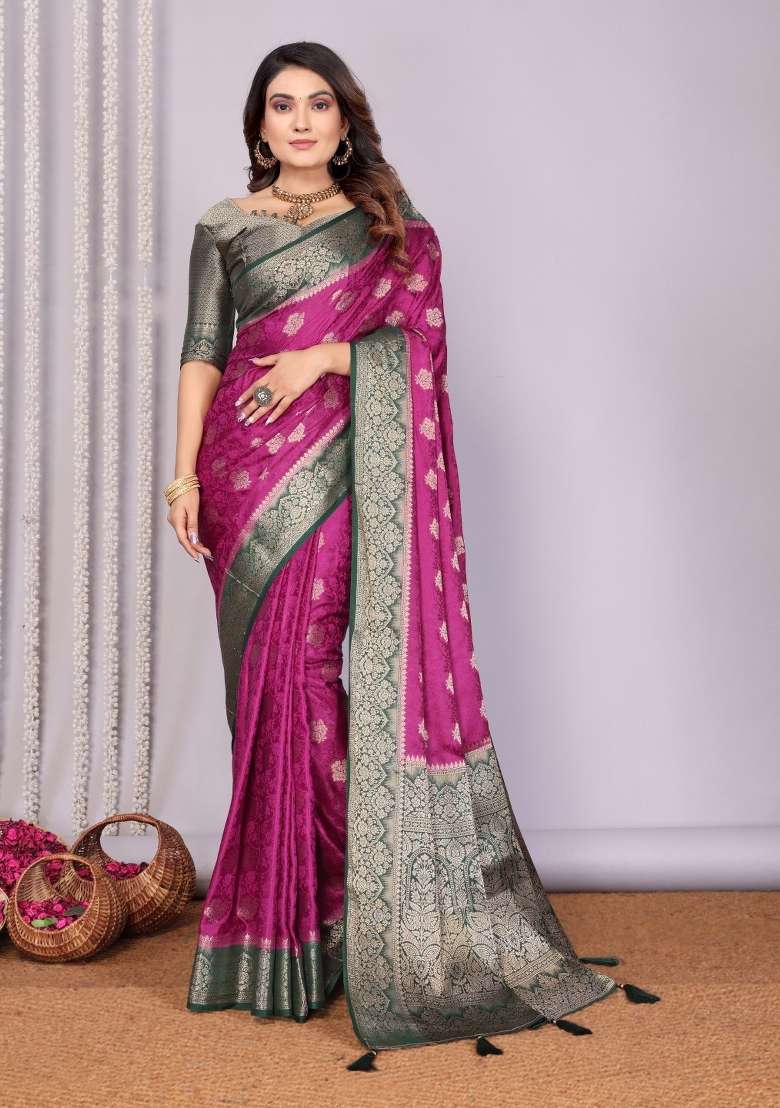 Purple Printed Satin Saree Set for Diwali and Festive Wear - Indya