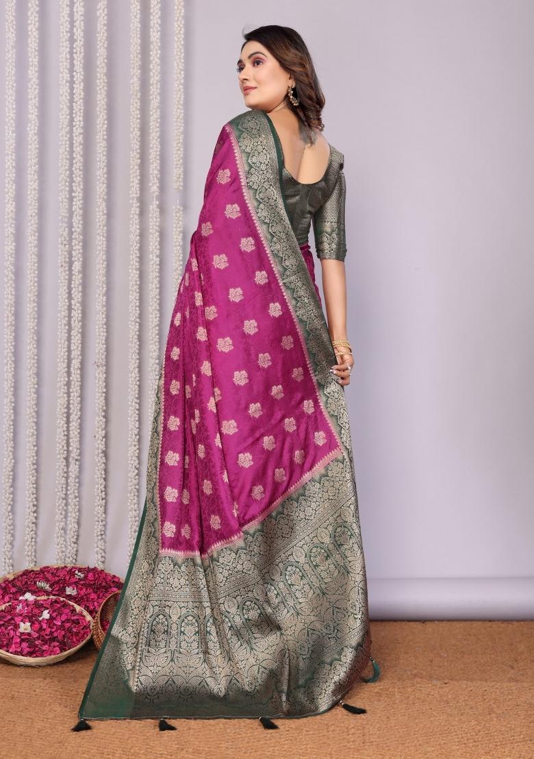 Purple Printed Satin Saree Set
