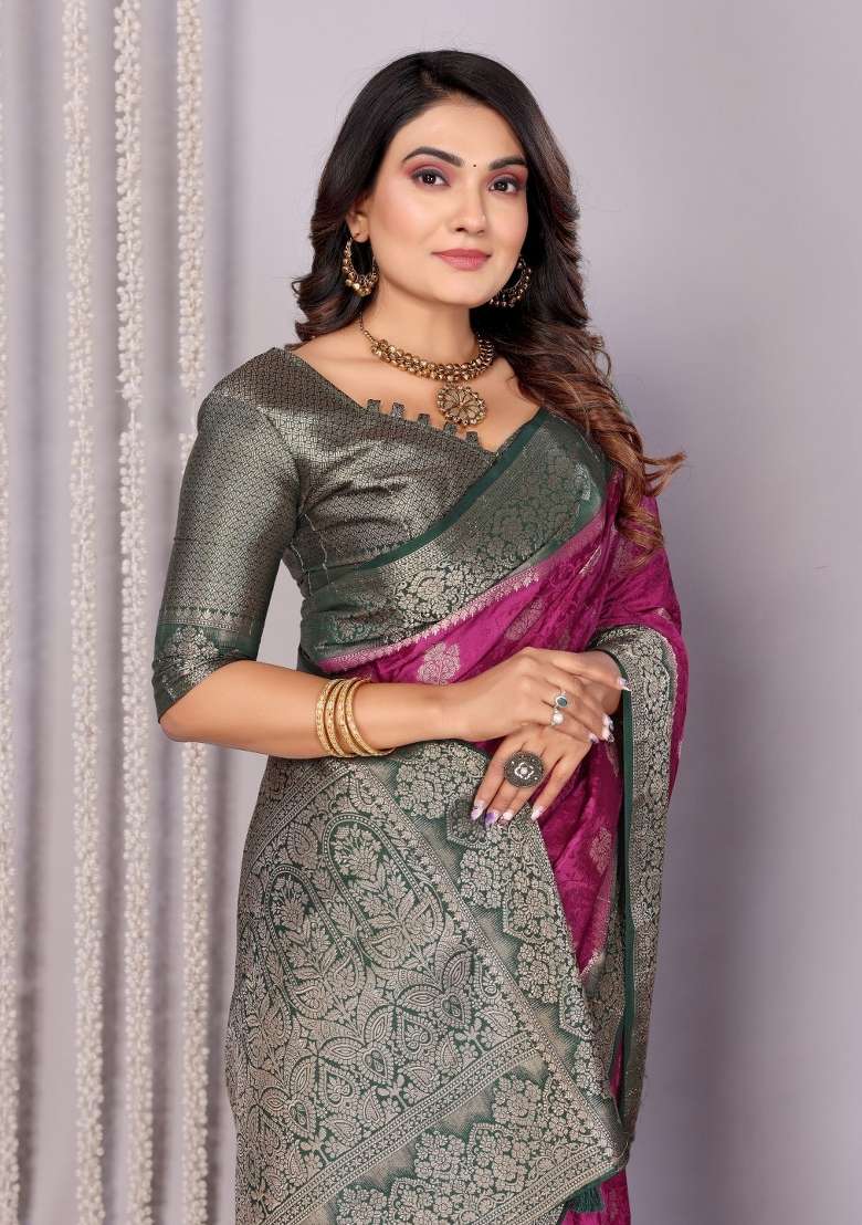 Purple Printed Satin Saree Set for Diwali and Festive Wear - Indya
