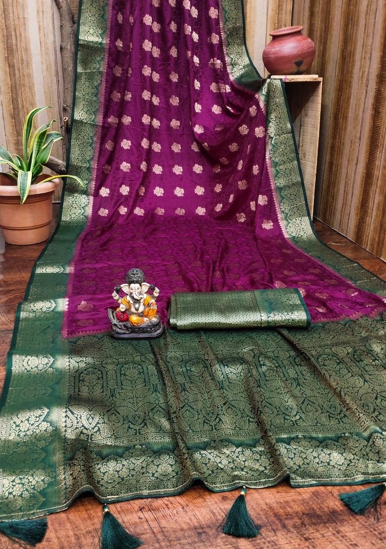 Purple Printed Satin Saree Set