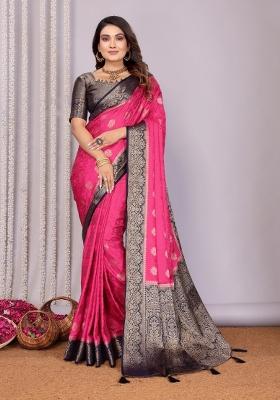 Pink Printed Satin Saree Set