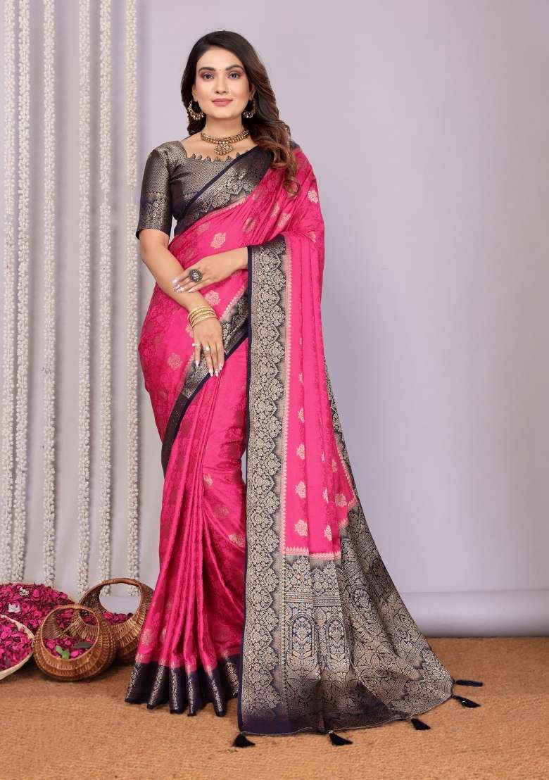 Pink Printed Satin Saree Set for Diwali and Festive Wear - Indya